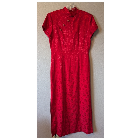 Vintage Asian Elegant Wine Red Maxi Dress 90s Y2k Jacquard Chinese Wedding Sz. 8 - Picture 5 of 13